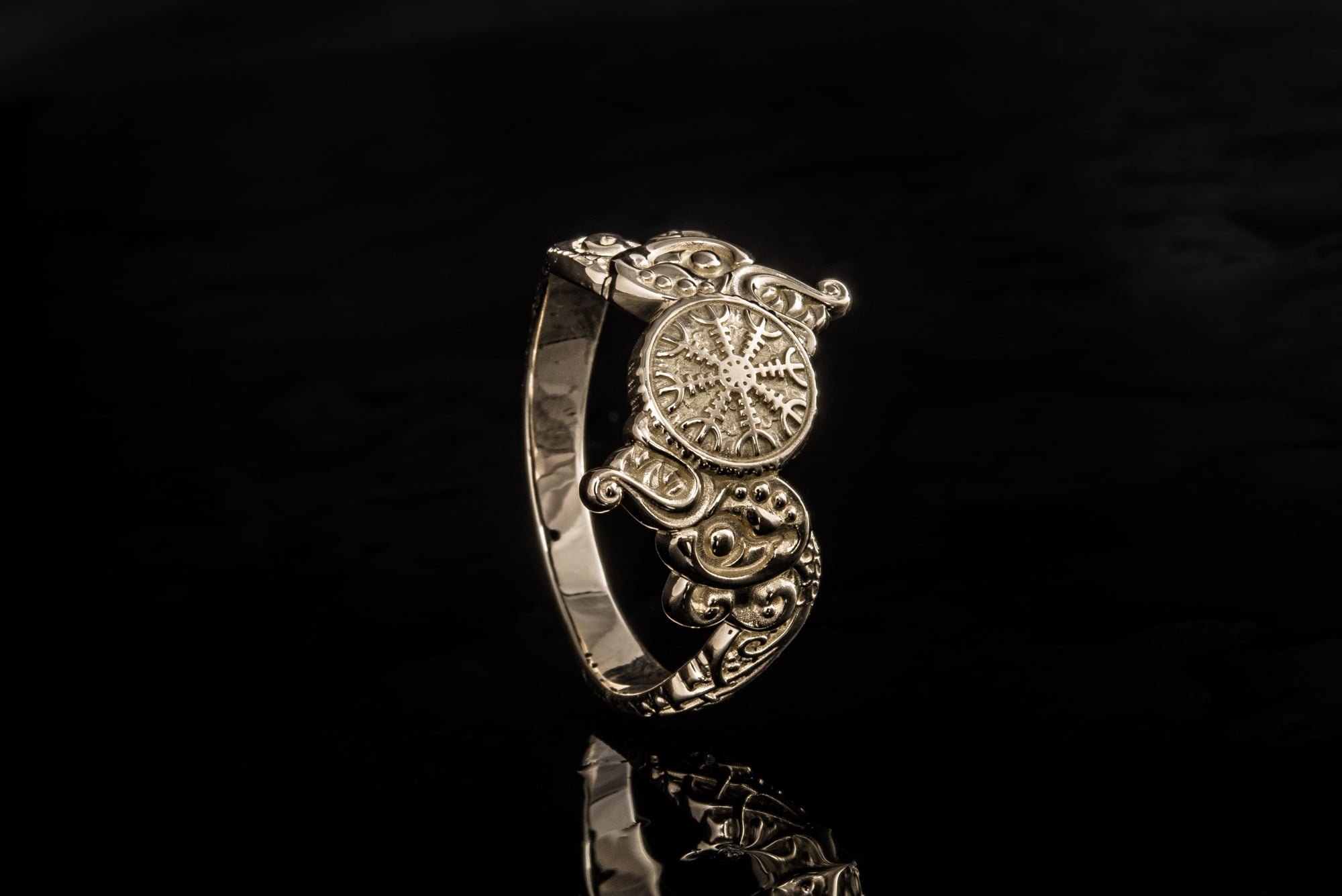 Ring with Helm of Awe Symbol and Wolf Ornament Gold Viking Jewelry - vikingworkshop