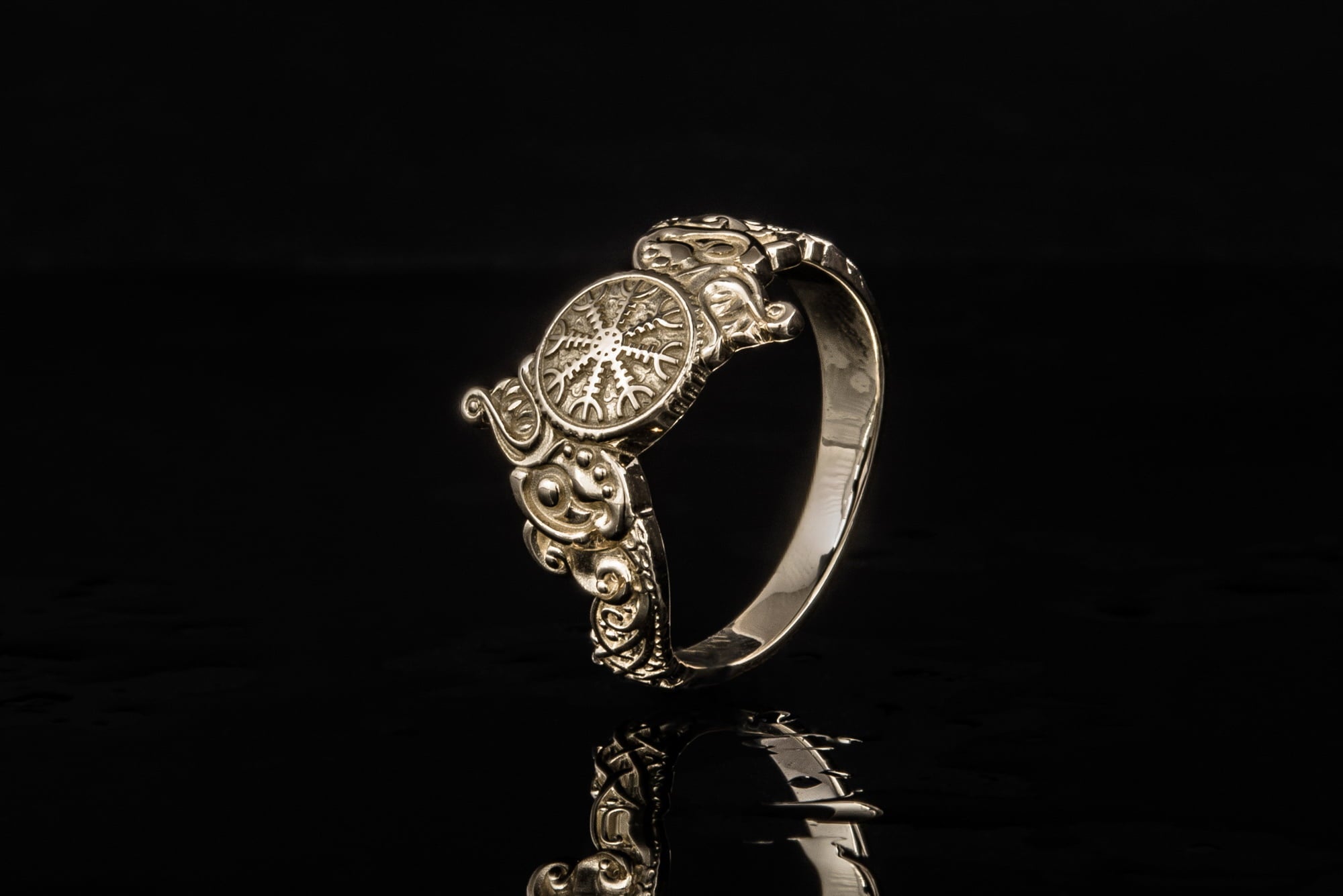 Ring with Helm of Awe Symbol and Wolf Ornament Gold Viking Jewelry - vikingworkshop