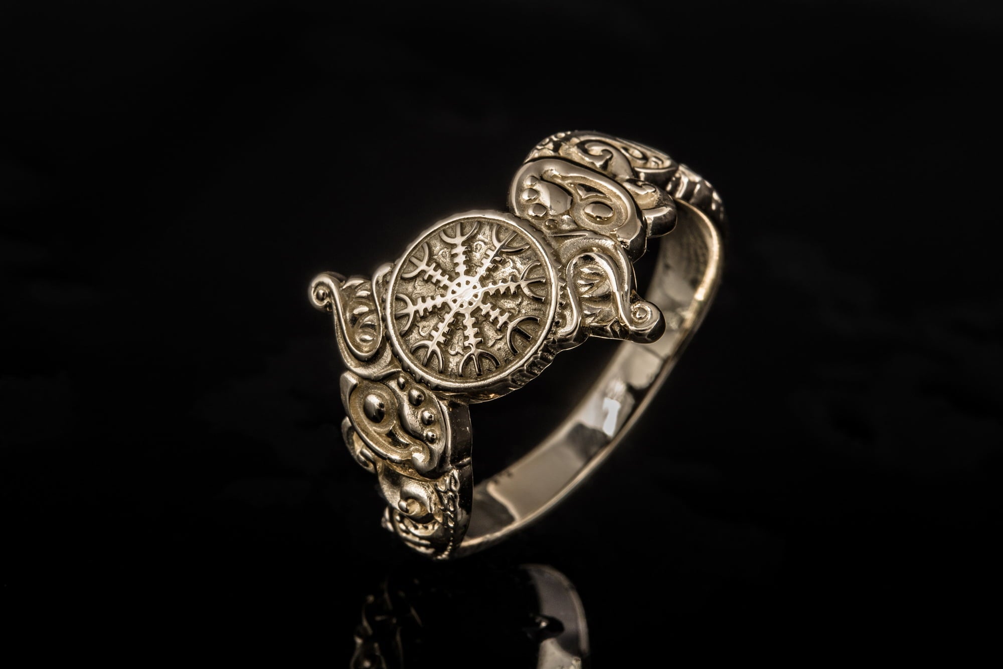 Ring with Helm of Awe Symbol and Wolf Ornament Gold Viking Jewelry - vikingworkshop