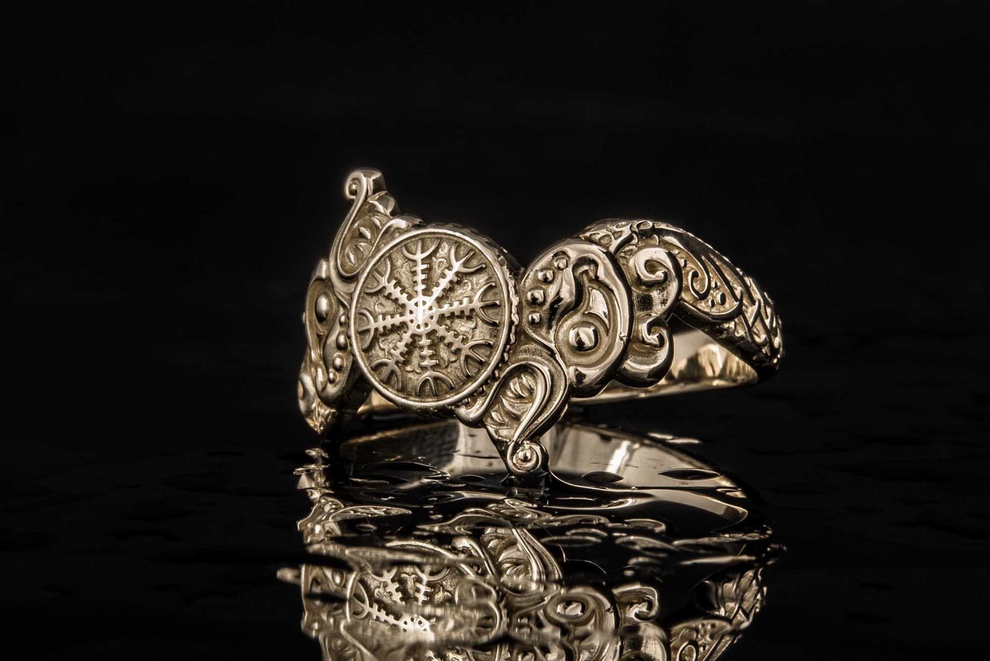 Ring with Helm of Awe Symbol and Wolf Ornament Gold Viking Jewelry - vikingworkshop