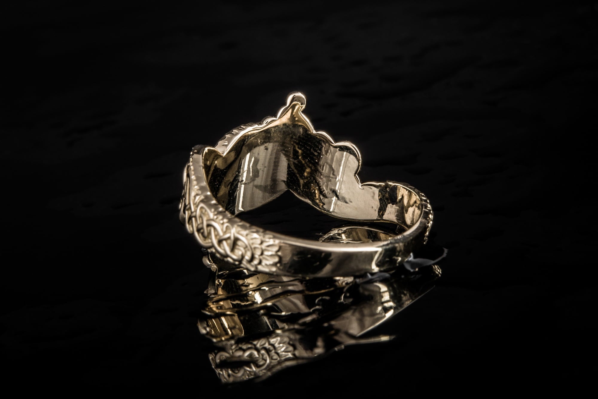 Ring with Helm of Awe Symbol and Wolf Ornament Gold Viking Jewelry - vikingworkshop