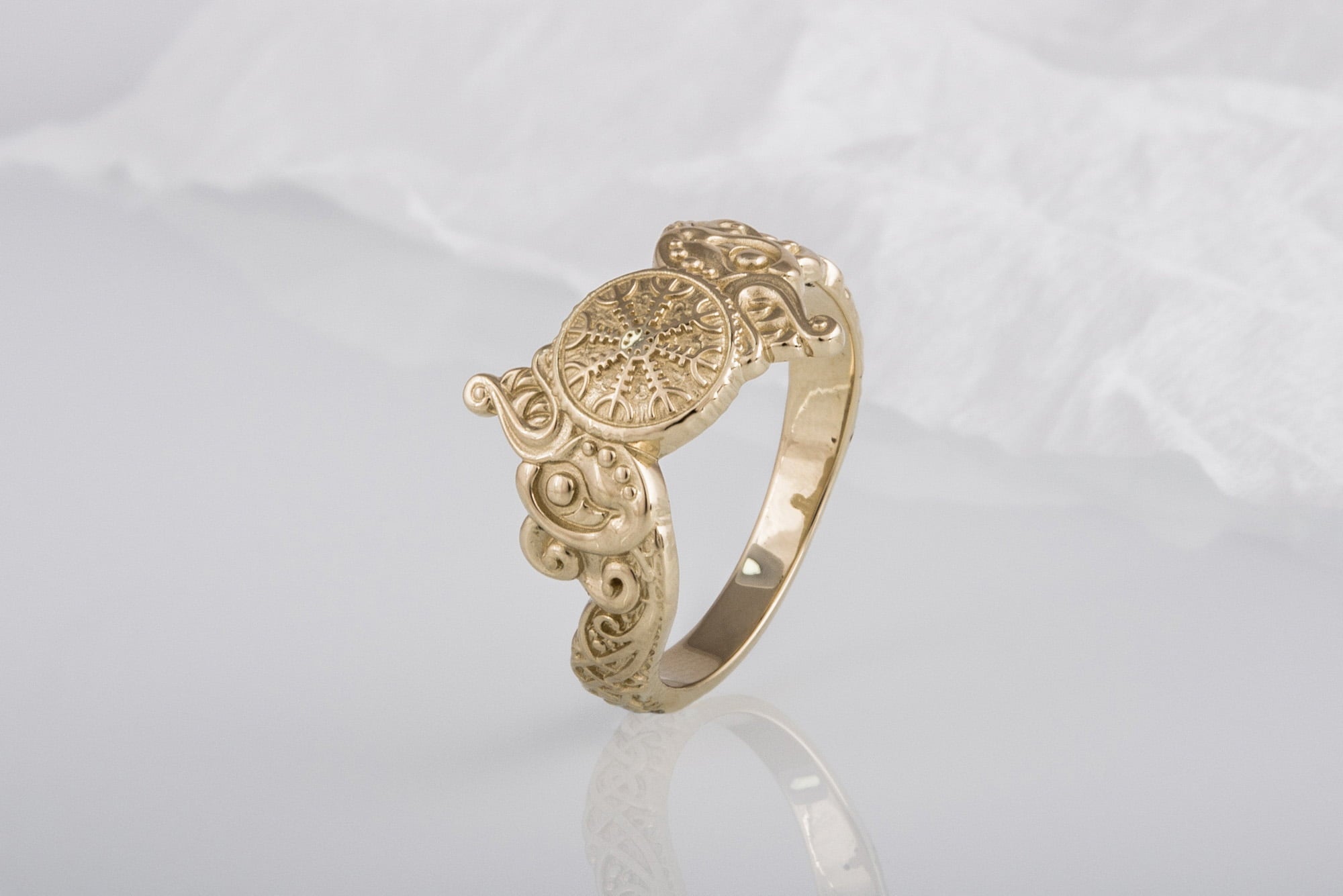 Ring with Helm of Awe Symbol and Wolf Ornament Gold Viking Jewelry - vikingworkshop