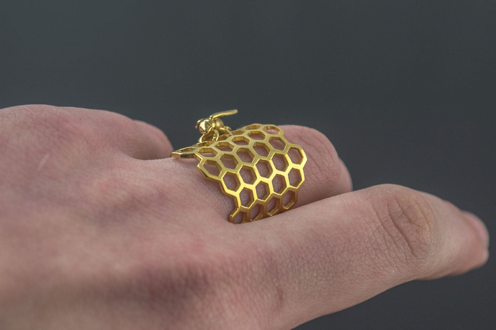 14K Gold Honeycomb with Bee Ring Handmade Jewelry