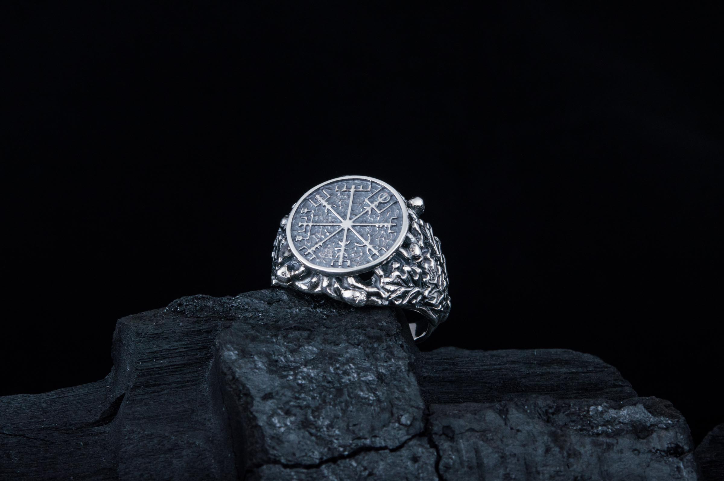 Vegvisir Symbol aka Runic Compass with Oak Leaves and Acorn Sterling Silver Norse Ring - vikingworkshop