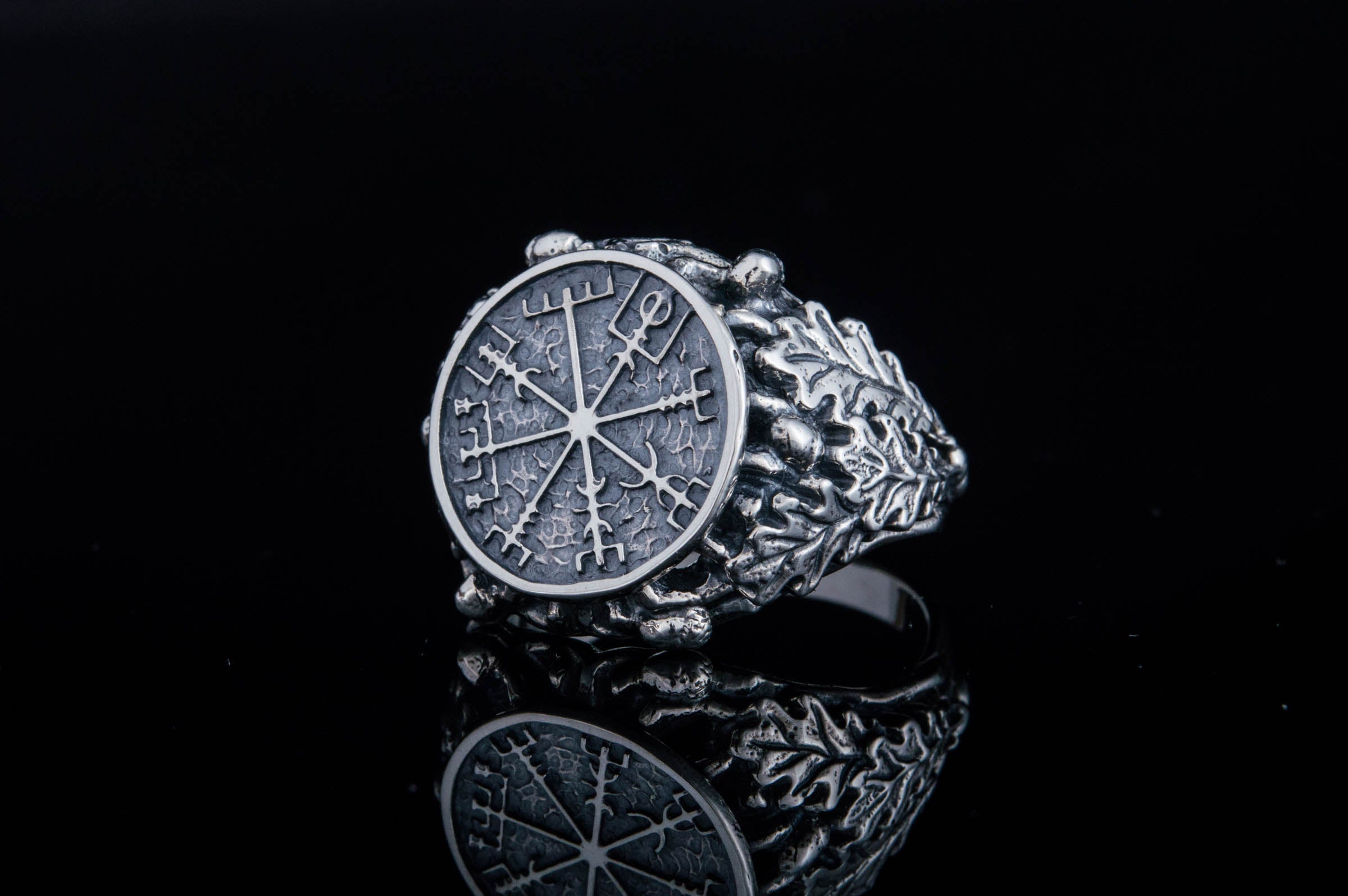 Vegvisir Symbol aka Runic Compass with Oak Leaves Sterling Silver Viking Ring - vikingworkshop