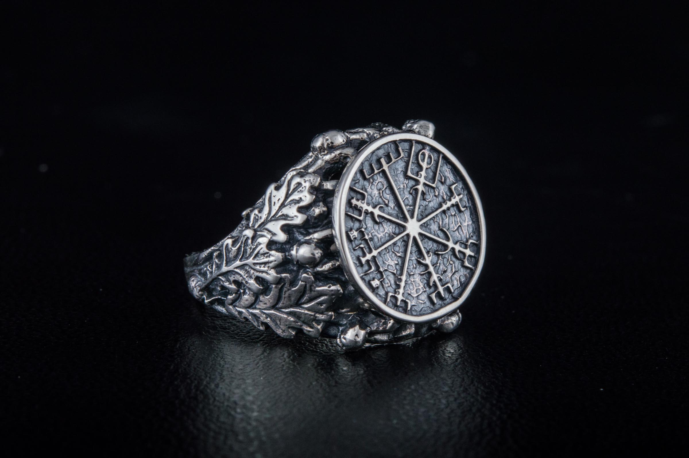 Vegvisir Symbol aka Runic Compass with Oak Leaves Sterling Silver Viking Ring - vikingworkshop