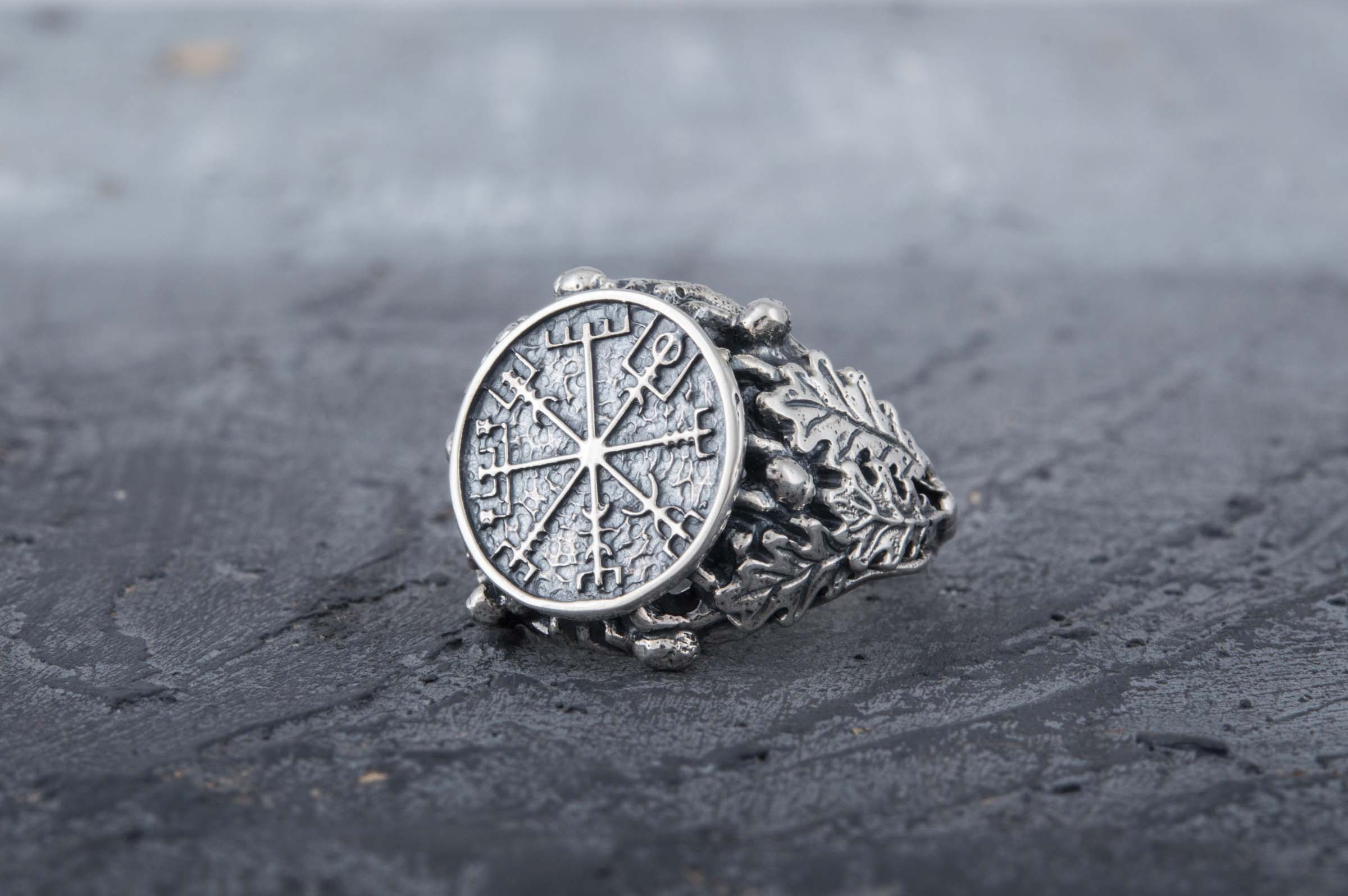 Vegvisir Symbol aka Runic Compass with Oak Leaves Sterling Silver Viking Ring - vikingworkshop