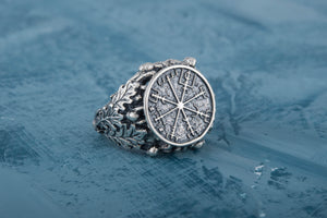 Vegvisir Symbol aka Runic Compass with Oak Leaves Sterling Silver Viking Ring - vikingworkshop