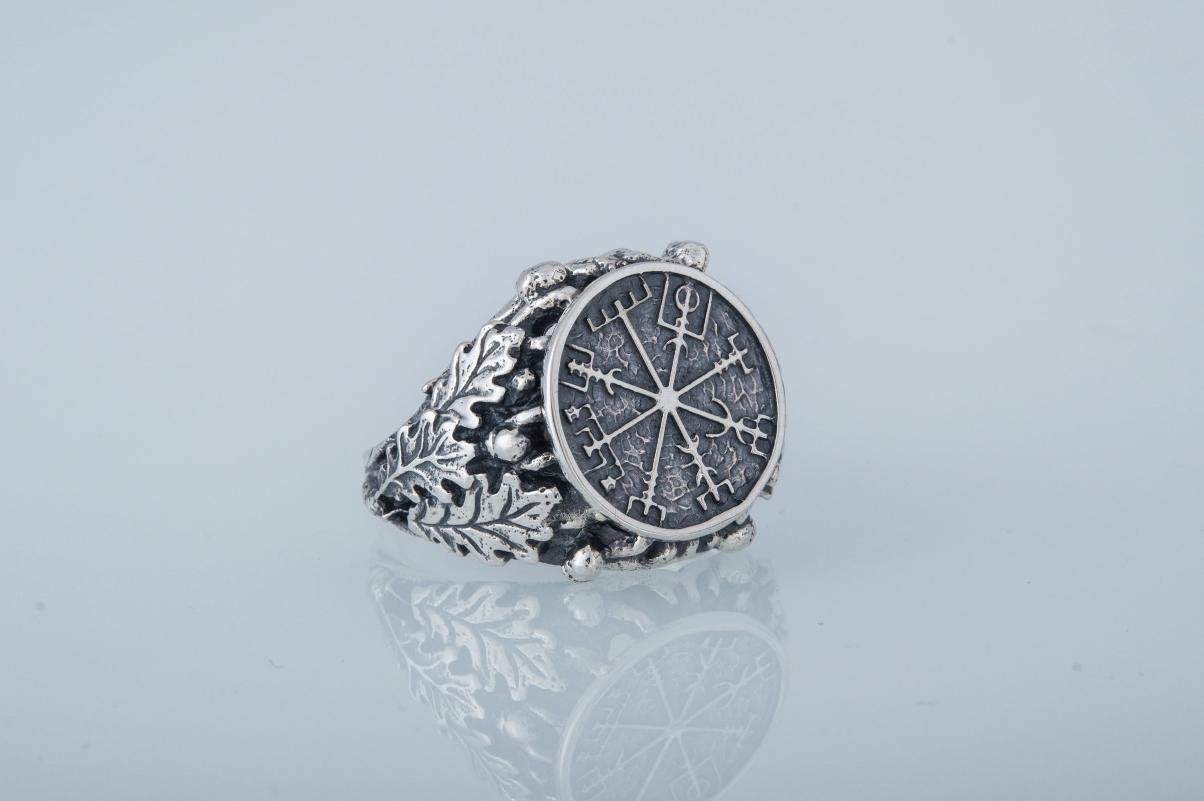 Vegvisir Symbol aka Runic Compass with Oak Leaves Sterling Silver Viking Ring - vikingworkshop