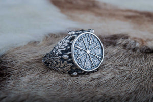 Vegvisir Symbol aka Runic Compass with Oak Leaves Sterling Silver Viking Ring - vikingworkshop