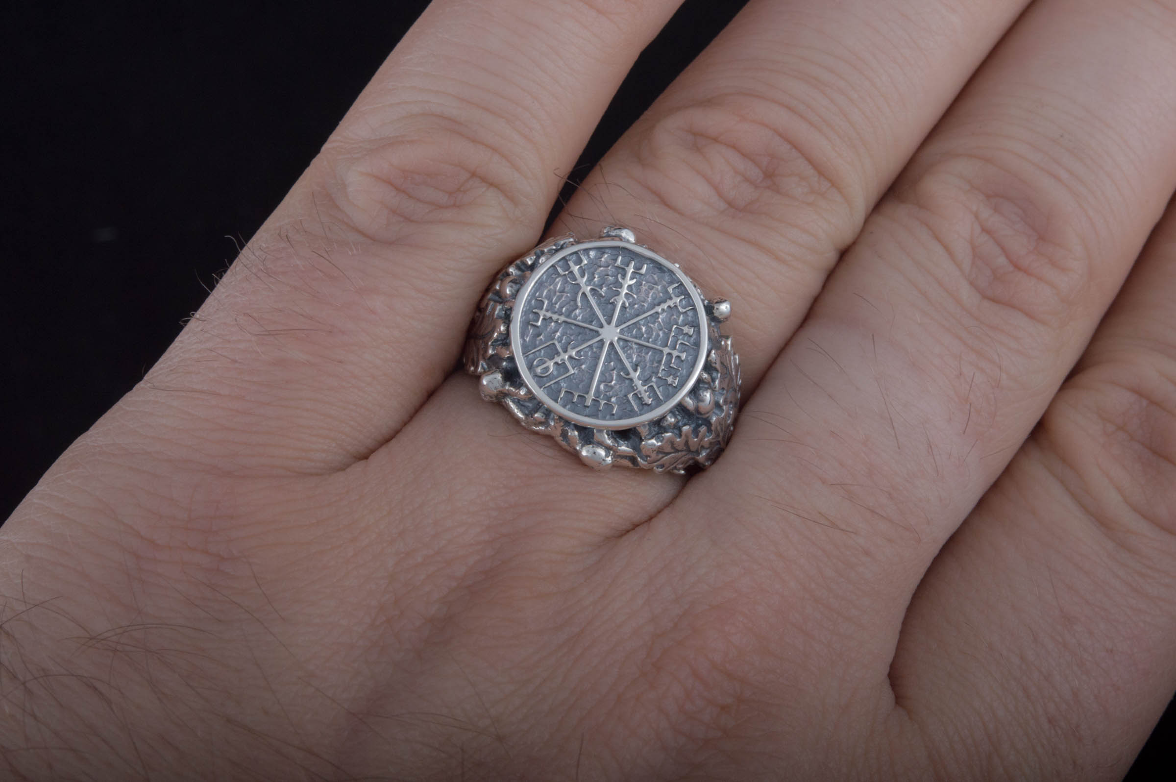 Vegvisir Symbol aka Runic Compass with Oak Leaves Sterling Silver Viking Ring - vikingworkshop