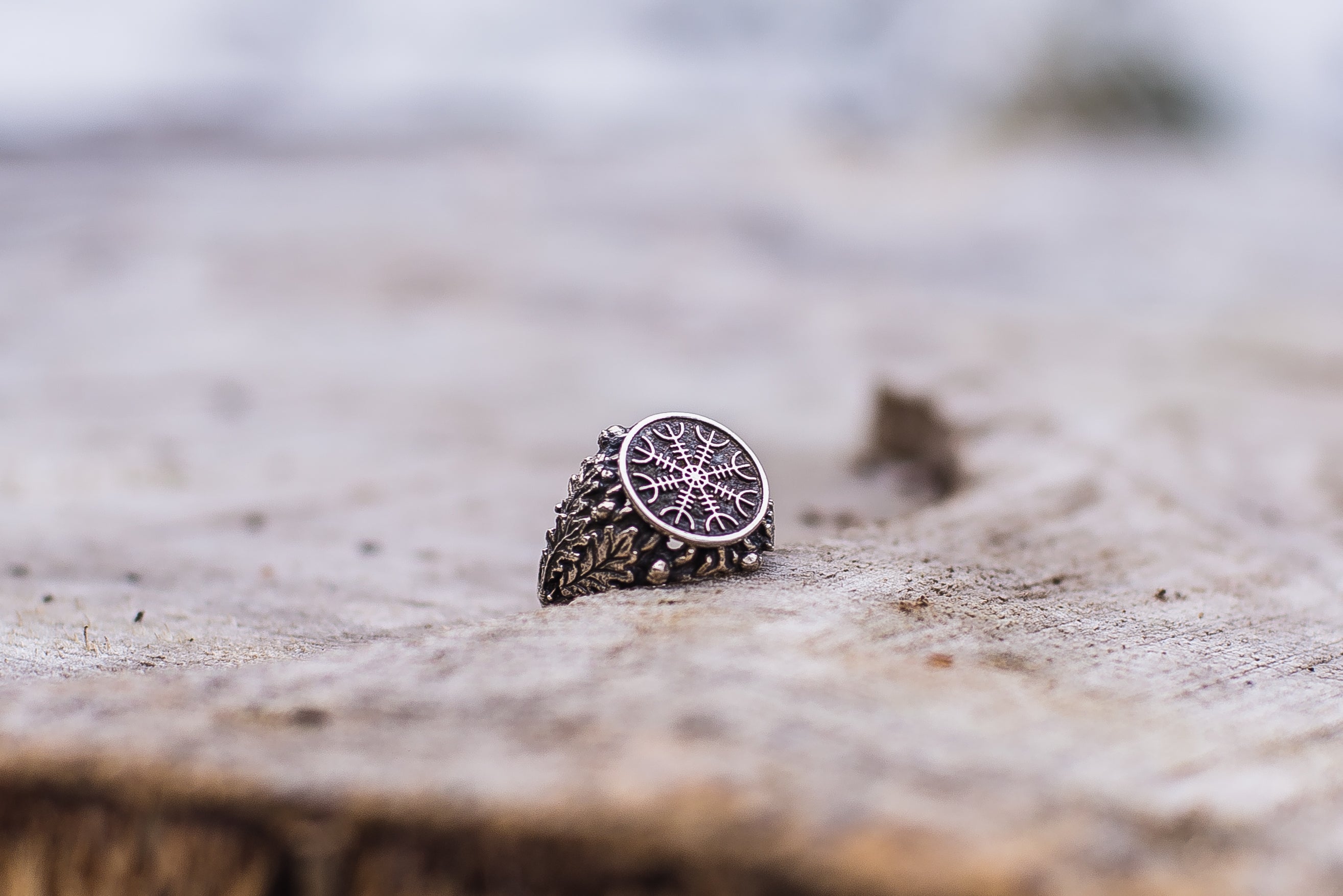 Helm of Awe Symbol with Oak Leaves and Acorns Sterling Silver Handcrafted Viking Ring - vikingworkshop