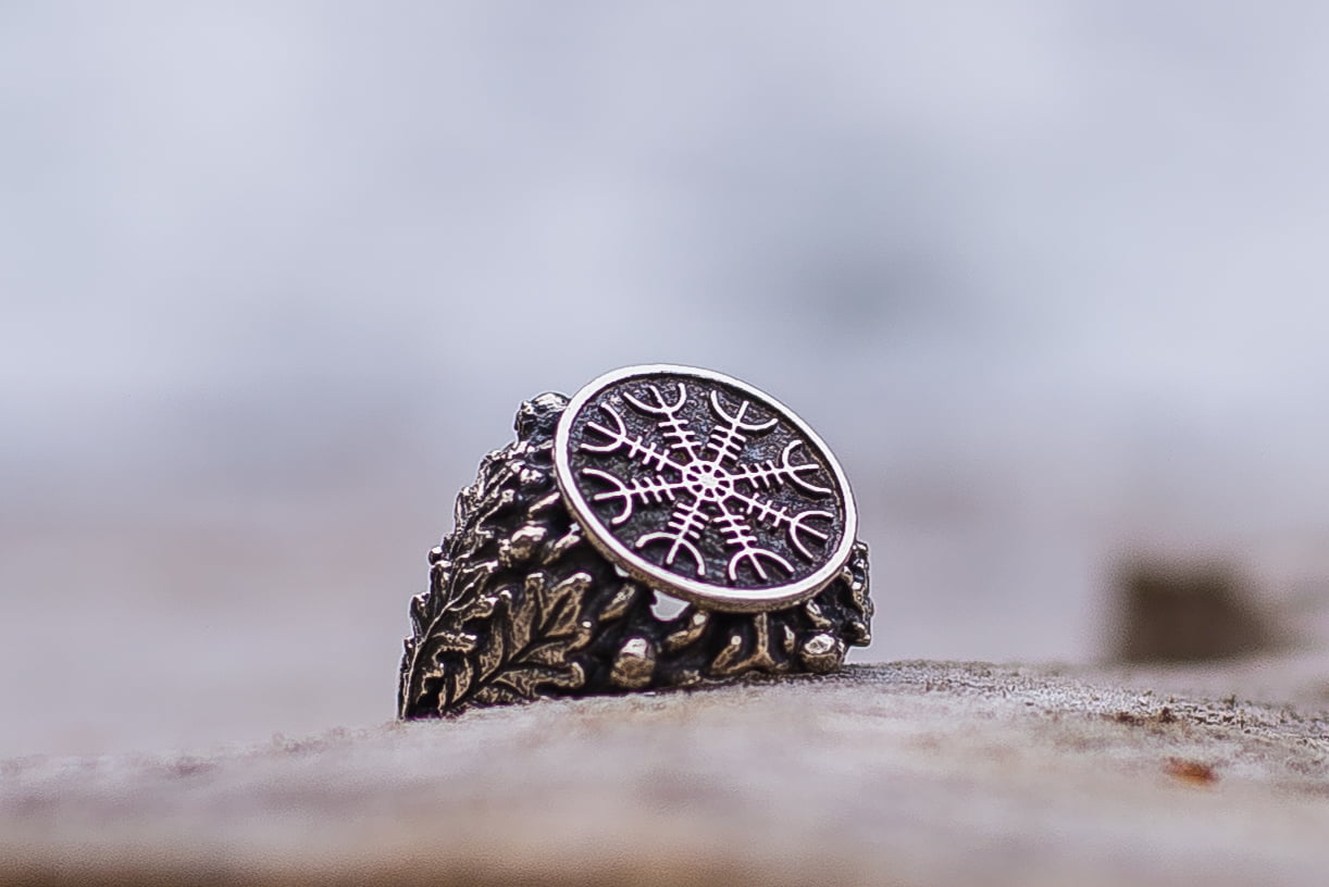 Helm of Awe Symbol with Oak Leaves and Acorns Sterling Silver Handcrafted Viking Ring - vikingworkshop