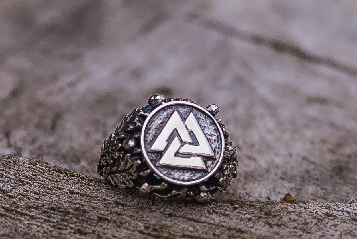 Valknut Ring with Oak Leaves and Acorns Sterling Silver Viking Ring - vikingworkshop