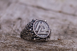 Valknut Symbol with Oak Leaves Sterling Silver Viking Ring - vikingworkshop