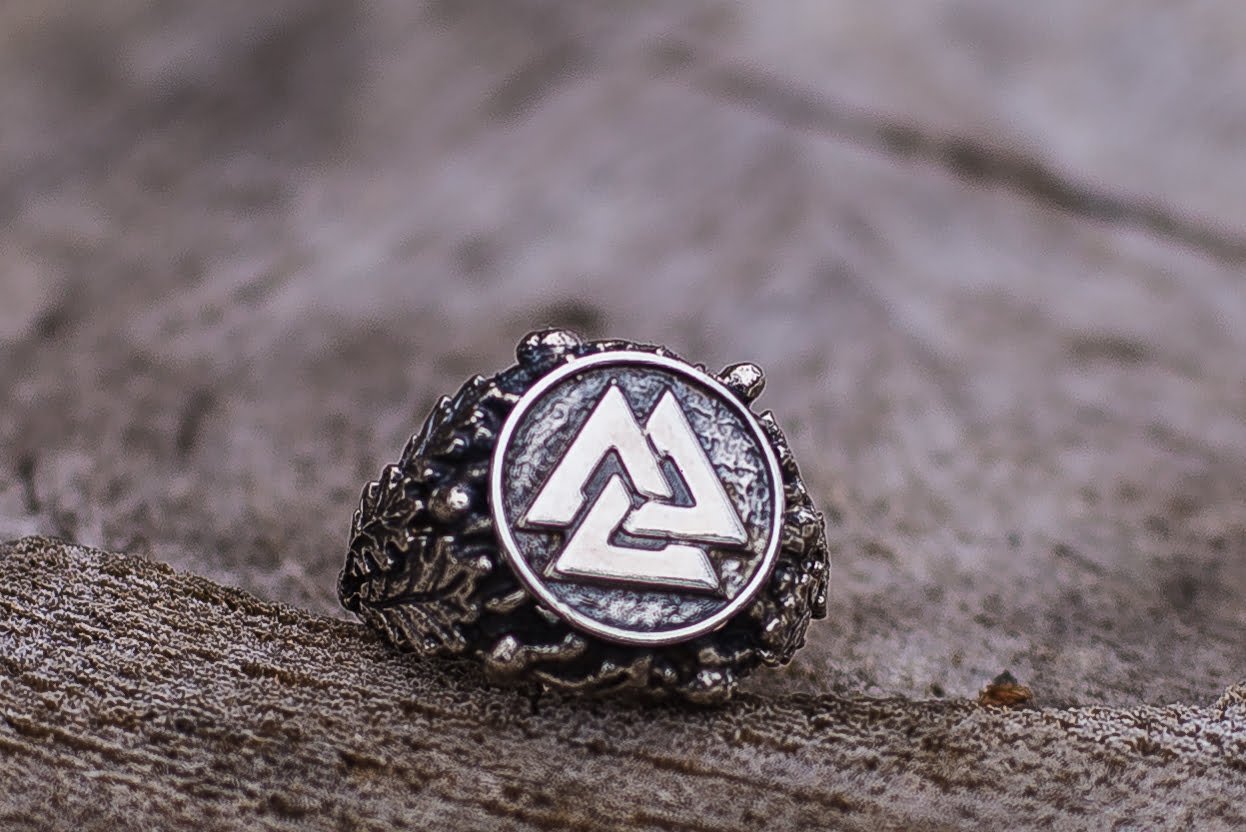 Valknut Symbol with Oak Leaves Sterling Silver Viking Ring - vikingworkshop