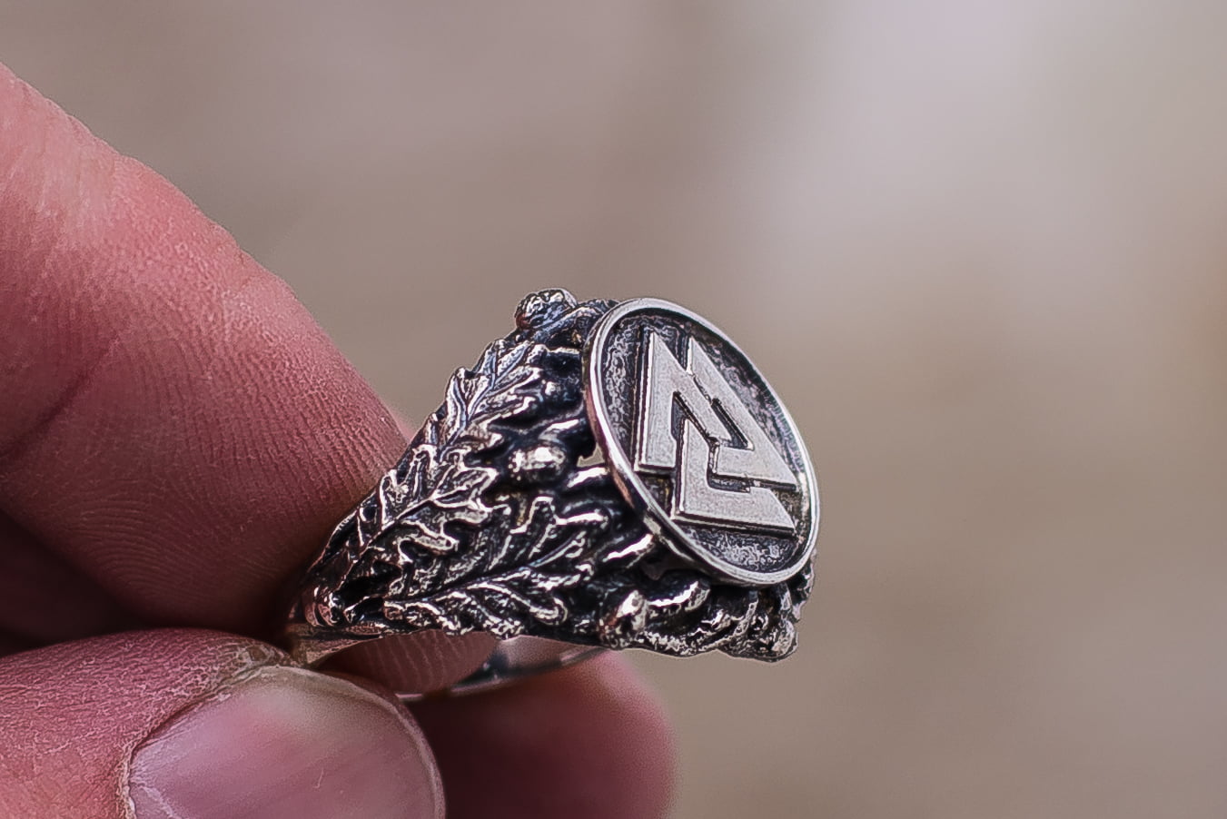 Valknut Symbol with Oak Leaves Sterling Silver Viking Ring - vikingworkshop