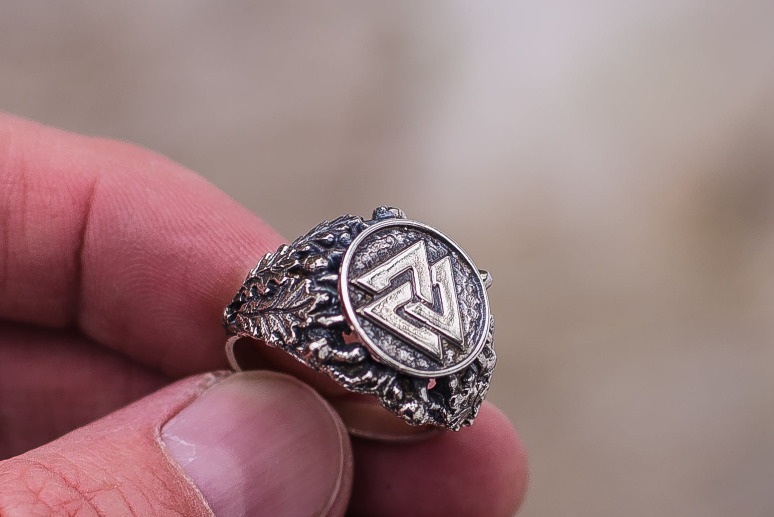 Valknut Symbol with Oak Leaves Sterling Silver Viking Ring - vikingworkshop