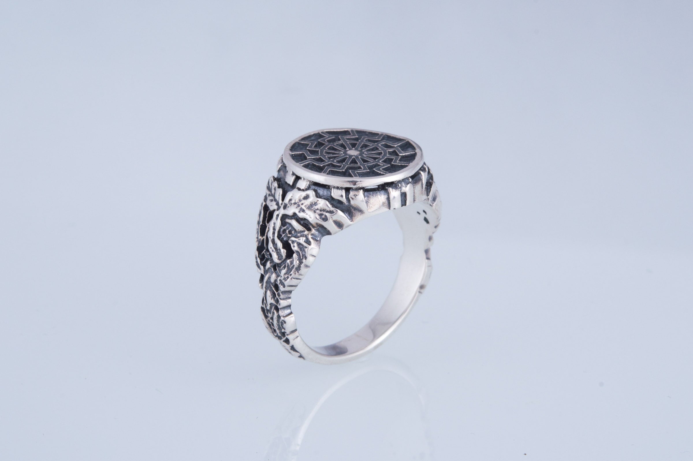 Black Sun Symbol with Oak Leaves Sterling Silver Viking Ring - vikingworkshop