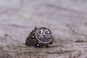 Sleipnir with Oak Leaves and Acorns Sterling Silver Viking Ring - vikingworkshop