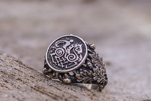 Sleipnir with Oak Leaves and Acorns Sterling Silver Viking Ring - vikingworkshop