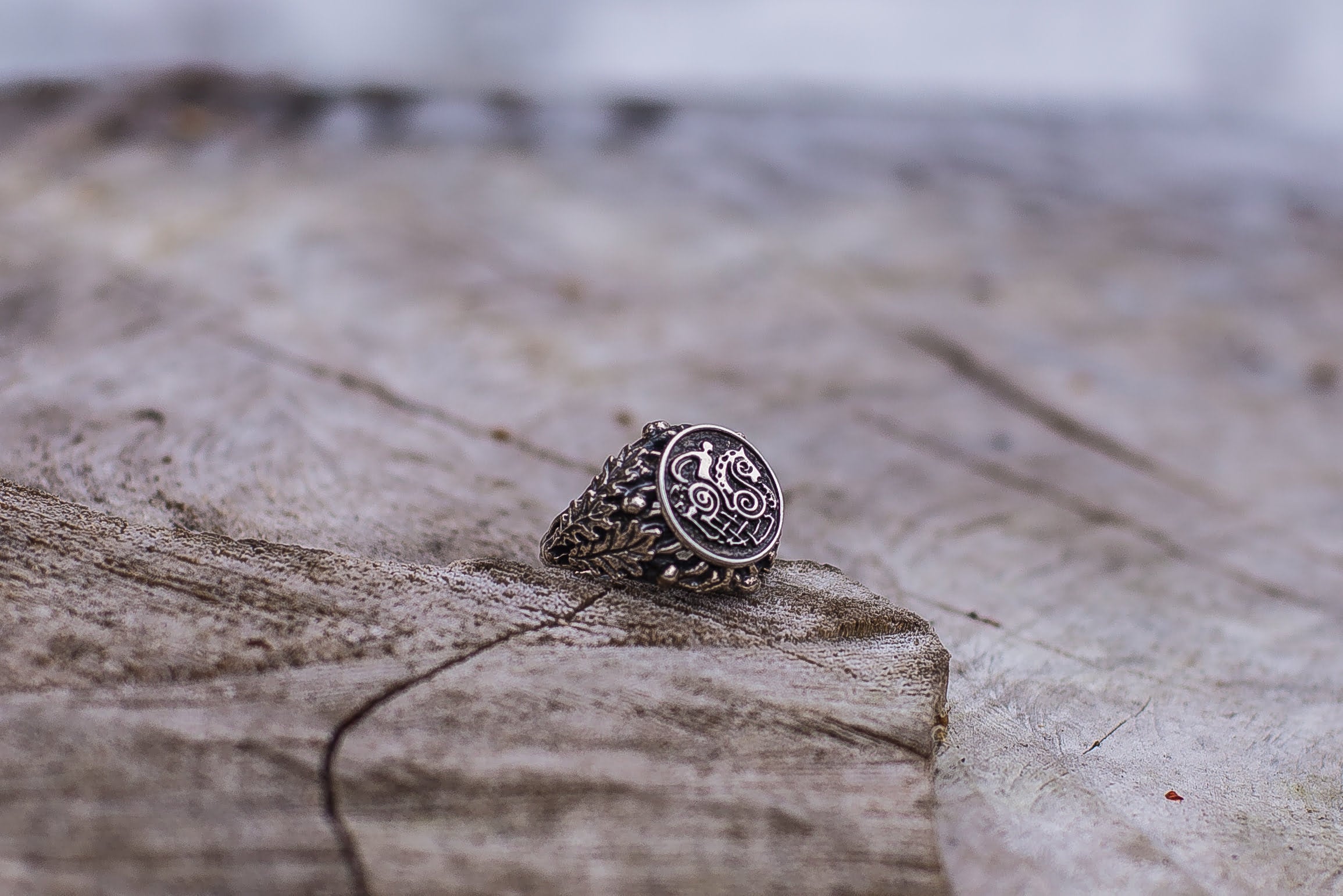 Sleipnir with Oak Leaves and Acorns Sterling Silver Viking Ring - vikingworkshop