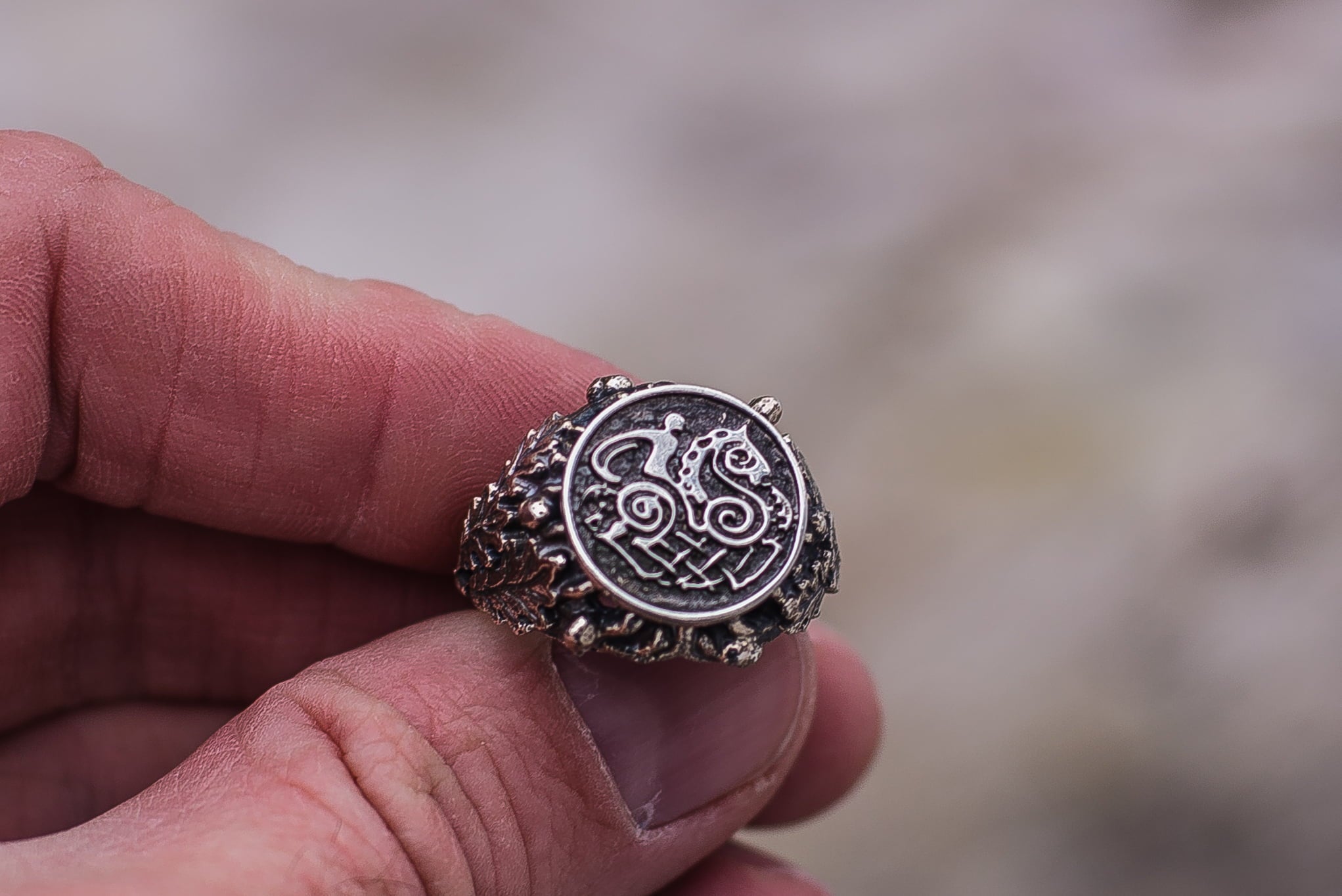 Sleipnir with Oak Leaves and Acorns Sterling Silver Viking Ring - vikingworkshop