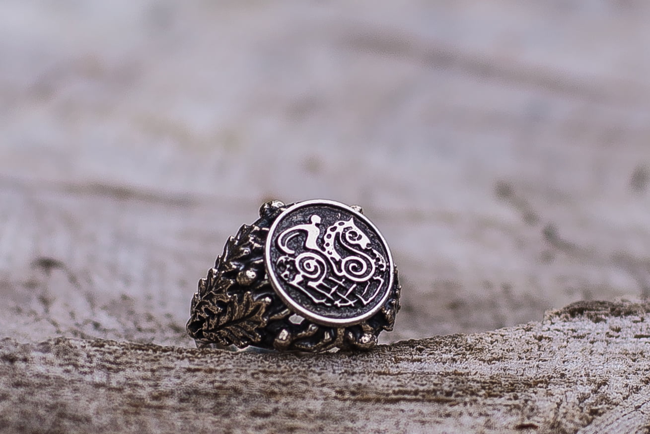 Sleipnir Ring with Oak Leaves Sterling Silver Norse Jewelry - vikingworkshop