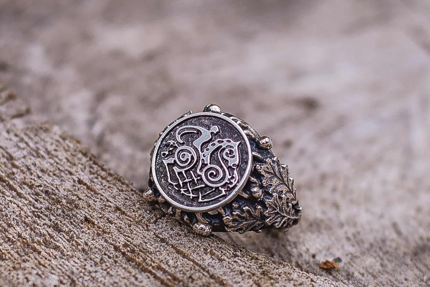 Sleipnir Ring with Oak Leaves Sterling Silver Norse Jewelry - vikingworkshop