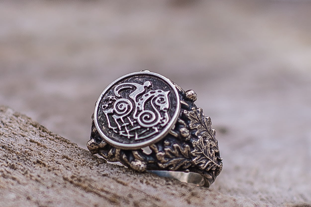 Sleipnir Ring with Oak Leaves Sterling Silver Norse Jewelry - vikingworkshop