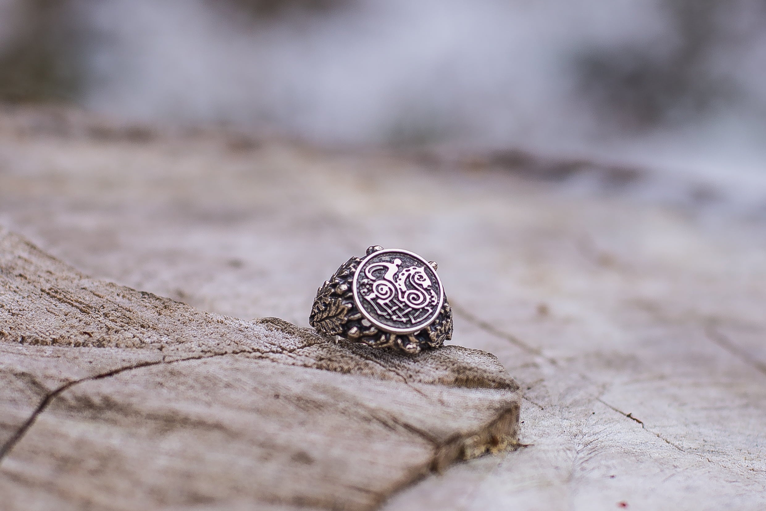 Sleipnir Ring with Oak Leaves Sterling Silver Norse Jewelry - vikingworkshop