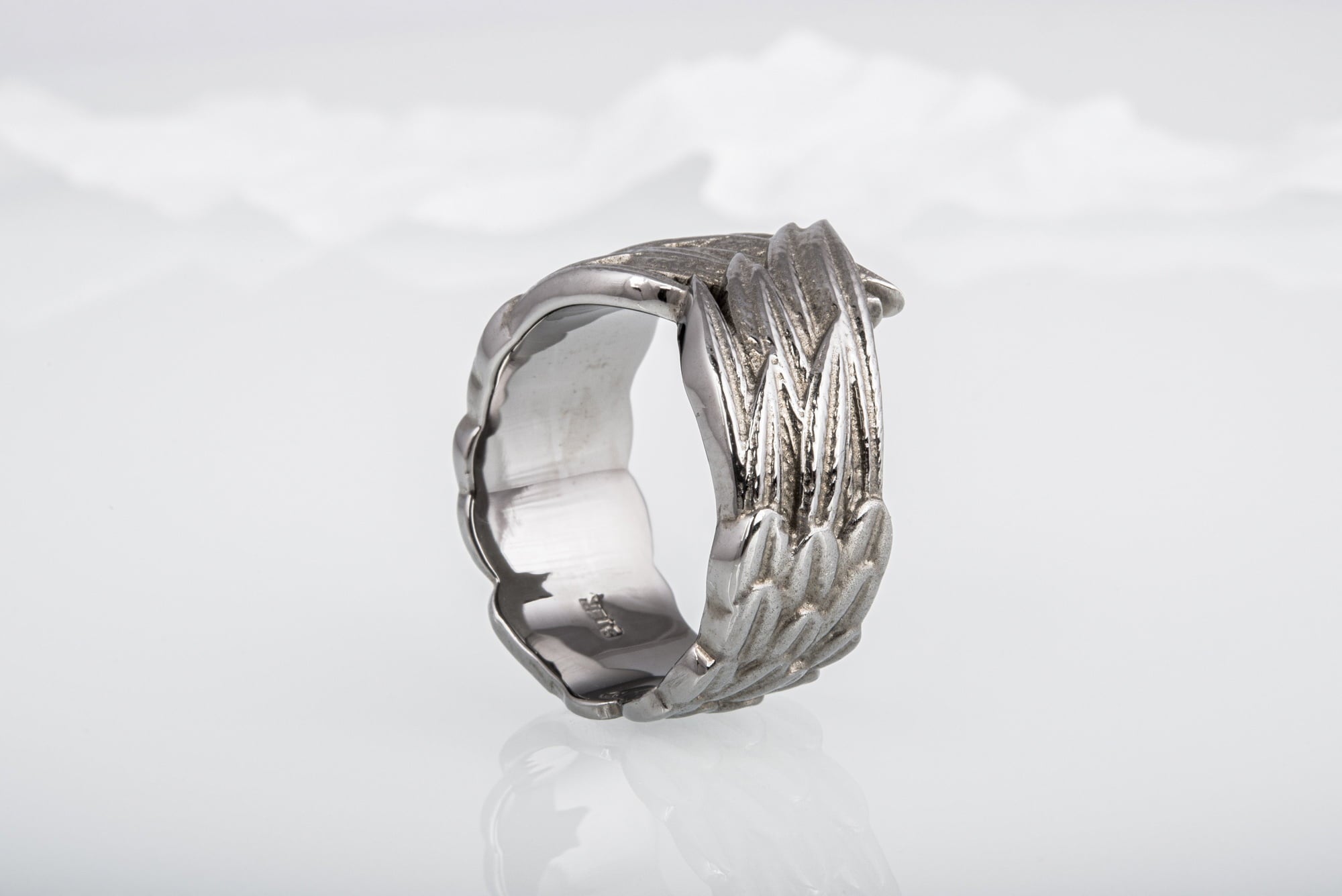 Ring with Raven Feathers Sterling Silver Ring Ruthenium Plated Handcrafted Norse Jewelry - vikingworkshop