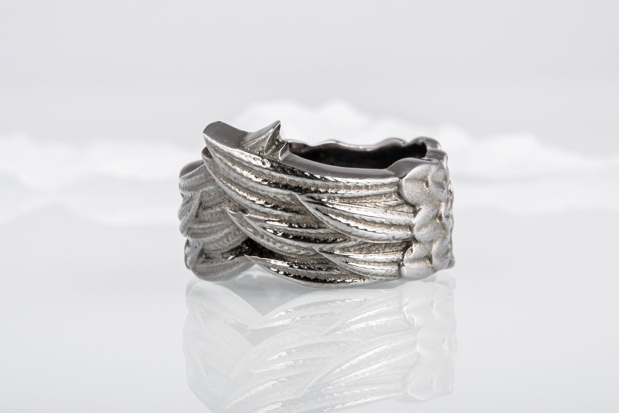 Ring with Raven Feathers Sterling Silver Ring Ruthenium Plated Handcrafted Norse Jewelry - vikingworkshop