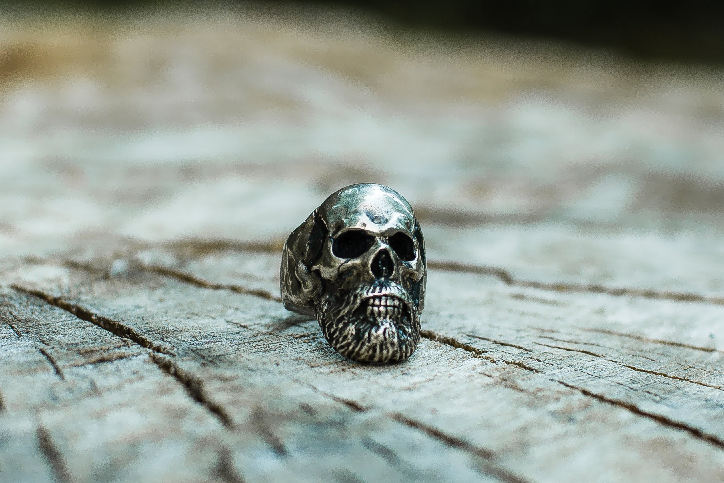 Bearded Skull Sterling Silver Unique Ring Biker Jewelry - vikingworkshop