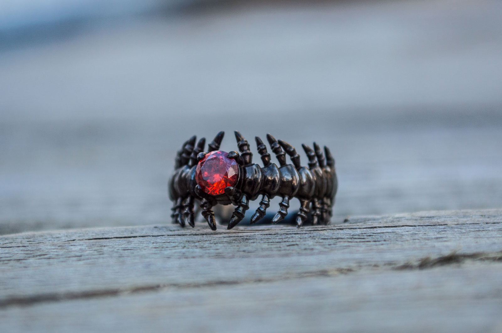 Backbone Ring with Garnet Sterling Silver Ruthenium Plated Handcrafted Unique Jewelry - vikingworkshop