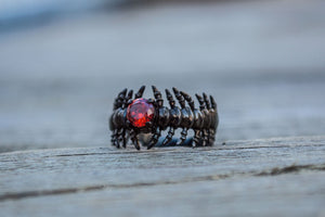 Backbone Ring with Garnet Sterling Silver Ruthenium Plated Handcrafted Unique Jewelry - vikingworkshop