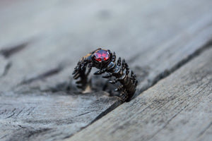 Backbone Ring with Garnet Sterling Silver Ruthenium Plated Handcrafted Unique Jewelry - vikingworkshop