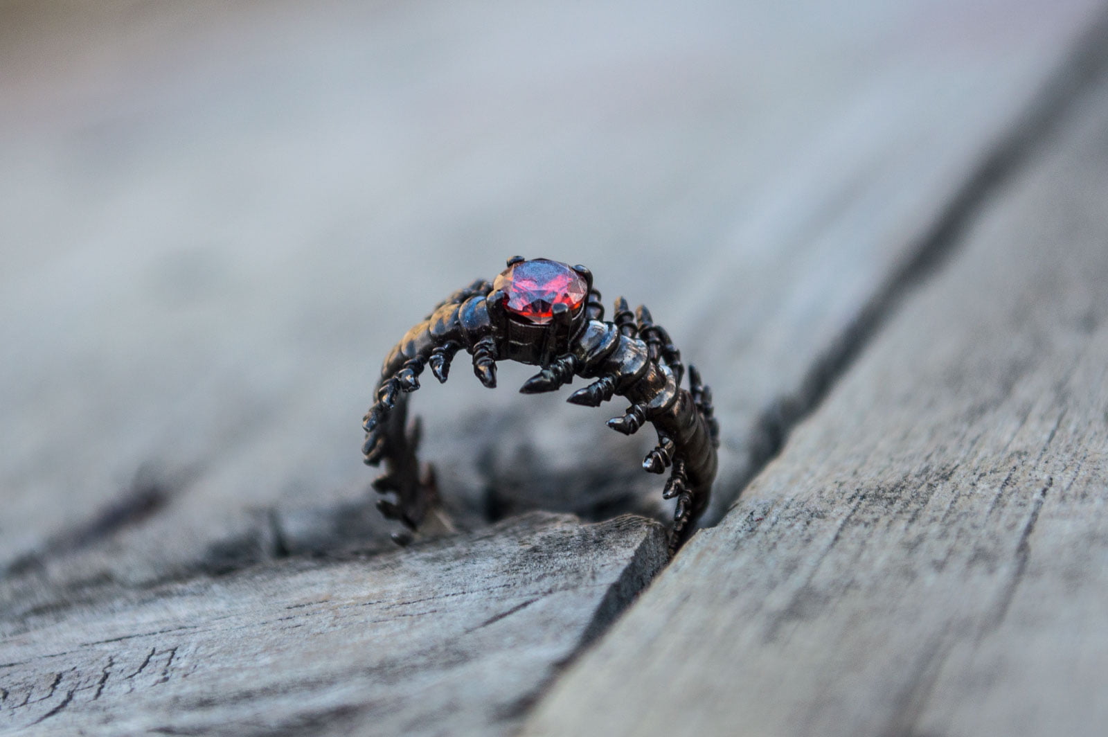 Backbone Ring with Garnet Sterling Silver Ruthenium Plated Handcrafted Unique Jewelry - vikingworkshop