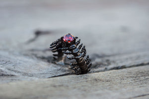 Backbone Ring with Garnet Sterling Silver Ruthenium Plated Handcrafted Unique Jewelry - vikingworkshop