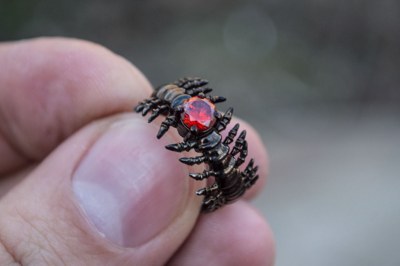 Backbone Ring with Garnet Sterling Silver Ruthenium Plated Handcrafted Unique Jewelry - vikingworkshop