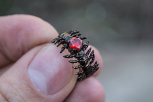 Backbone Ring with Garnet Sterling Silver Ruthenium Plated Handcrafted Unique Jewelry - vikingworkshop