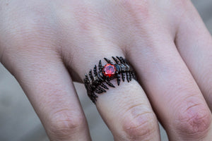 Backbone Ring with Garnet Sterling Silver Ruthenium Plated Handcrafted Unique Jewelry - vikingworkshop