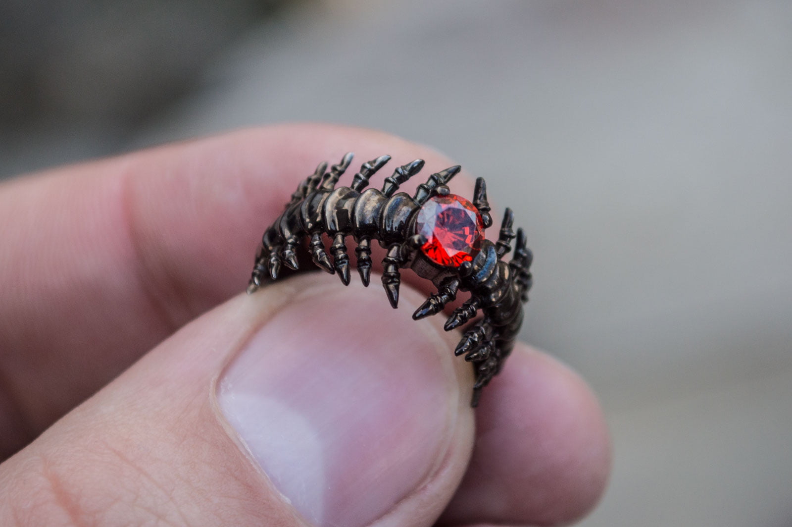 Backbone Ring with Garnet Sterling Silver Ruthenium Plated Handcrafted Unique Jewelry - vikingworkshop