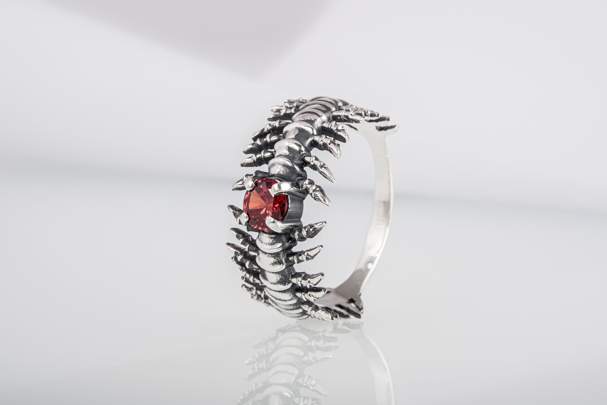 Backbone Ring with Garnet Sterling Silver Handcrafted Unique Jewelry - vikingworkshop