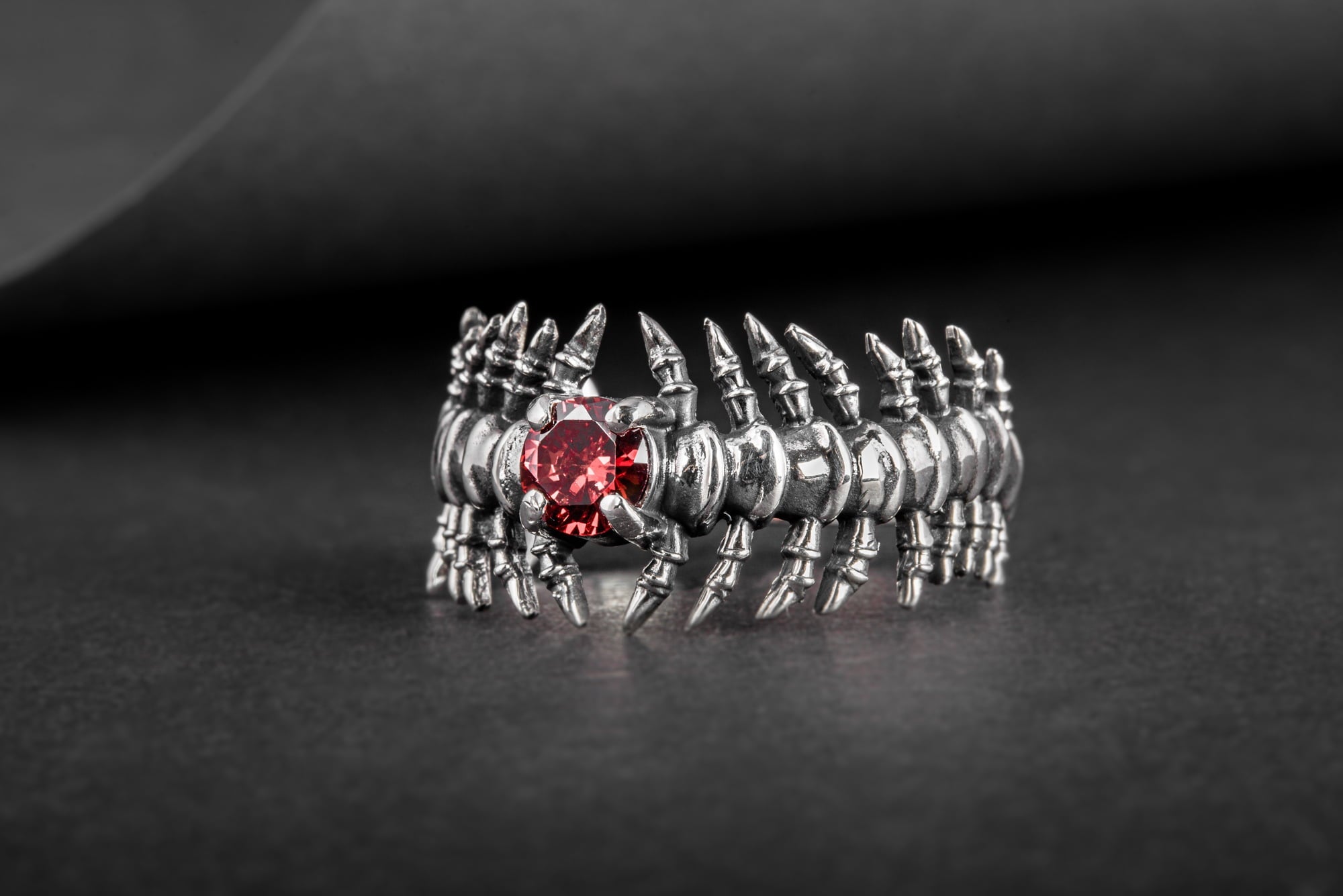 Backbone Ring with Garnet Sterling Silver Handcrafted Unique Jewelry - vikingworkshop