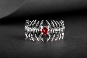 Backbone Ring with Garnet Sterling Silver Handcrafted Unique Jewelry - vikingworkshop