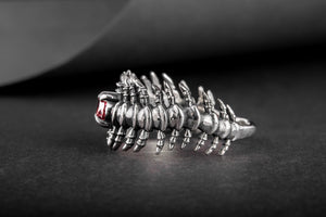 Backbone Ring with Garnet Sterling Silver Handcrafted Unique Jewelry - vikingworkshop