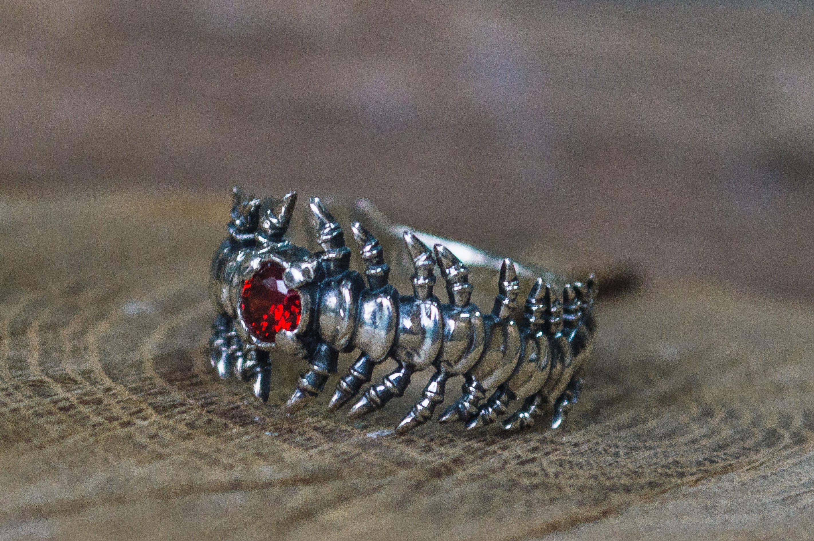 Backbone Ring with Garnet Sterling Silver Handcrafted Unique Jewelry - vikingworkshop