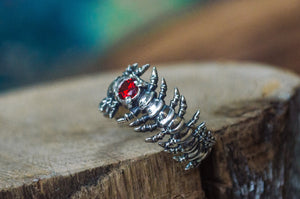 Backbone Ring with Garnet Sterling Silver Handcrafted Unique Jewelry - vikingworkshop