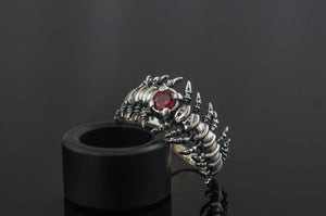 Backbone Ring with Garnet Sterling Silver Handcrafted Unique Jewelry - vikingworkshop